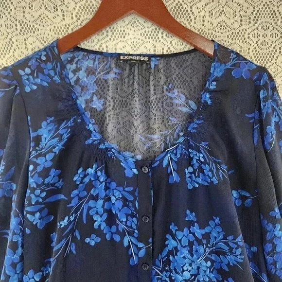 Express Black Blue Long Sleeve Floral Printed Button Up Chiffon Shirt Dress M - Picture 3 of 9